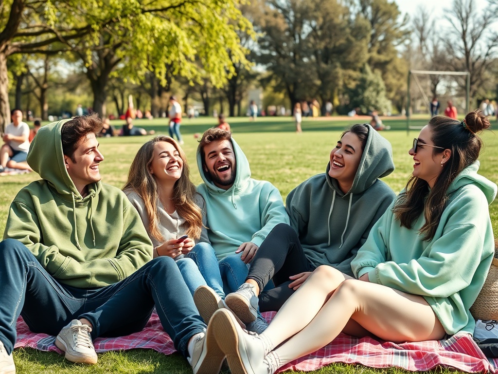 Cinci tineri zâmbind și distrându-se pe iarbă, purtând hanorace, într-un peisaj de primăvară.