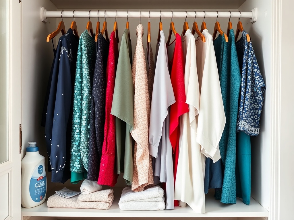 Un dulap cu haine colorate suspendate pe umerașe și produse de curățare pe raft.