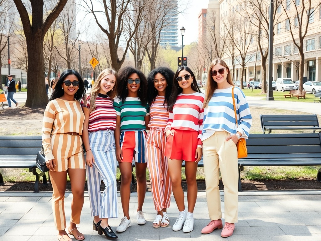 Șase femei într-un parc, îmbrăcate în ținute cu dungi colorate, zâmbind și pozând pentru fotografie.