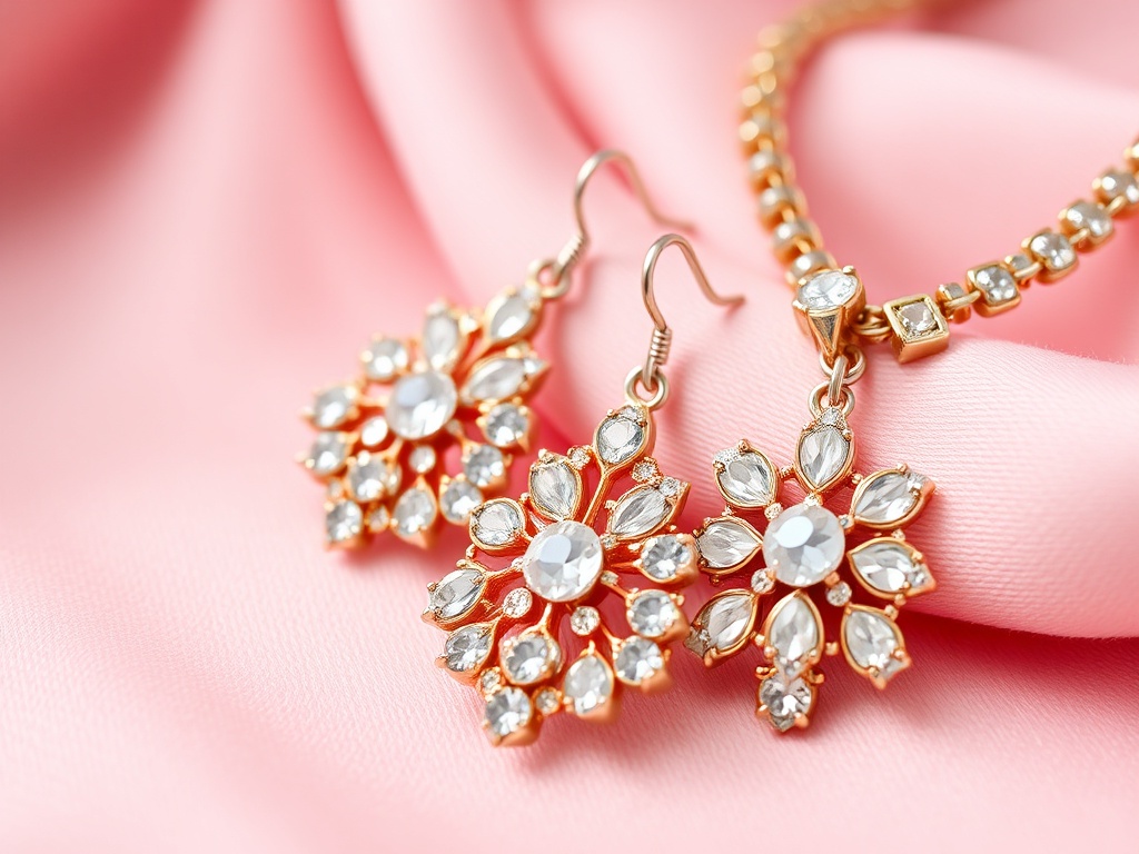 Cercei și brățară elegante din aur cu cristale strălucitoare, așezate pe o eșarfă roz.