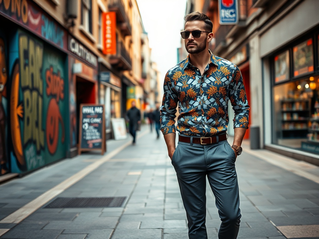 Un bărbat îmbrăcat elegant, cu o cămașă colorată, plimbându-se pe o stradă urbană animată.