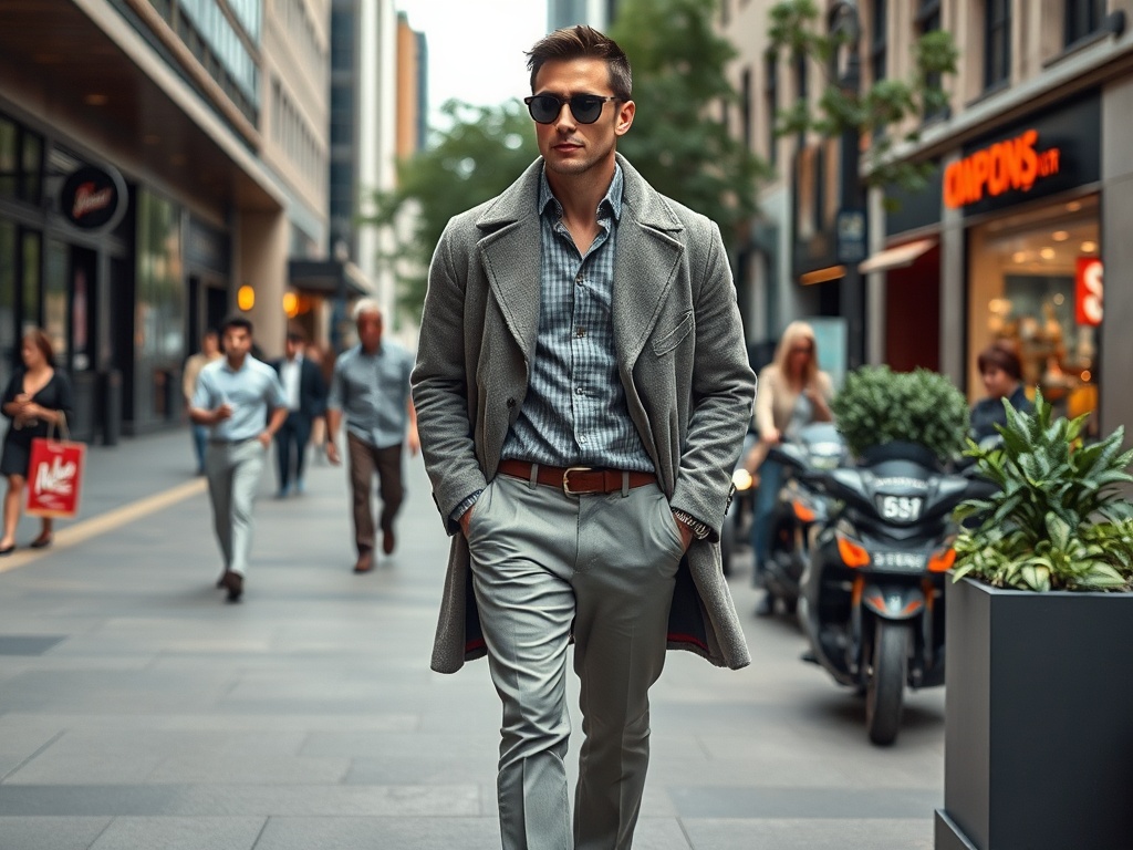 Bărbat elegant, îmbrăcat într-o haina gri, plimbându-se pe o stradă aglomerată, printre oameni.